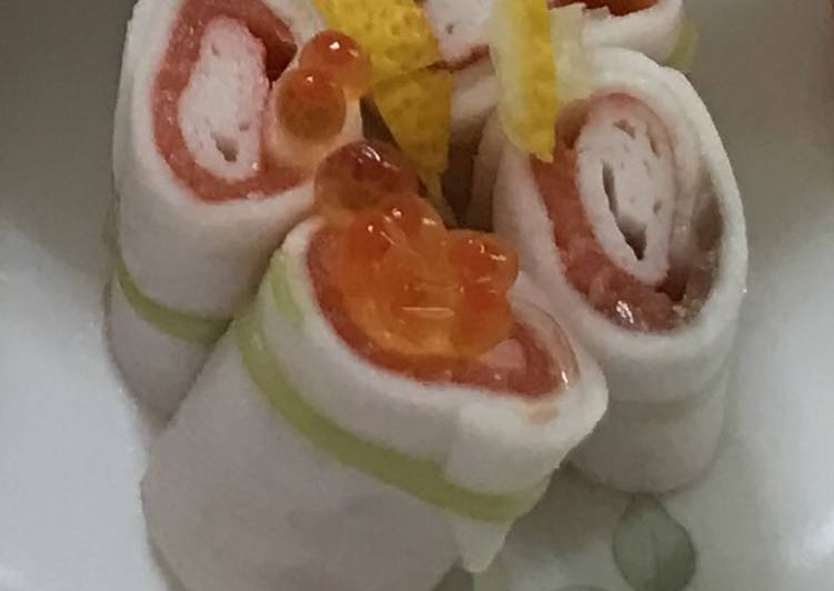 Salmon roll with pickles thin-sliced turnips