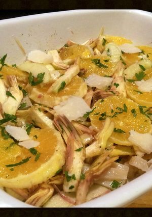 A picture of AMIEs ARTICHOKES with APPLE & ORANGE Salad.