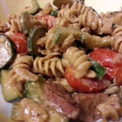 A picture of skye's parmesan pasta with sausage & zucchini.