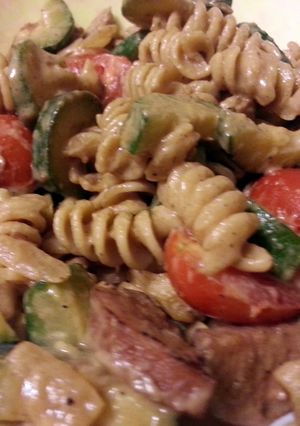 A picture of skye's parmesan pasta with sausage & zucchini.