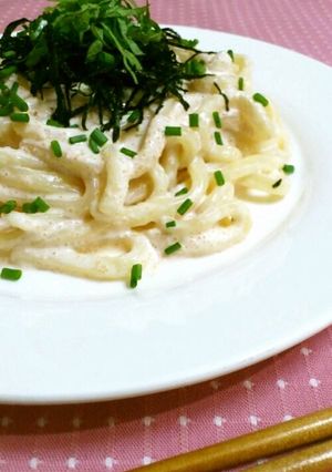 A picture of A Simple Microwaved Lunch! Mentaiko and Cream Udon Noodles.