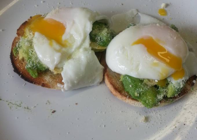 Poached eggs and avocado on muffins
