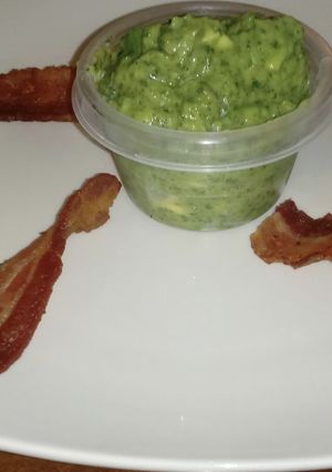 A picture of 🥑Holy moly we have fresh #guacamole and #bacon chips to dip 🥓.