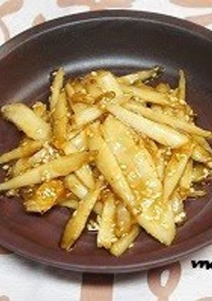A picture of Teriyaki Burdock Root with Sesame Seeds.