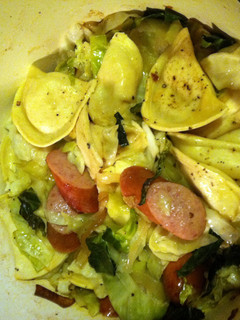 A picture of Pierogi, cabbage and kielbasa bake.