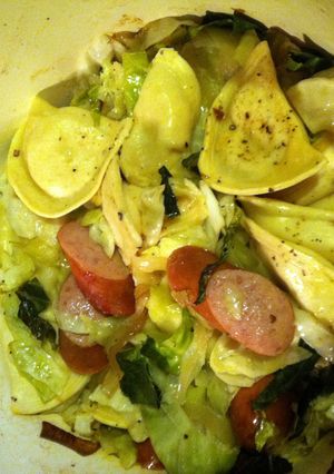 A picture of Pierogi, cabbage and kielbasa bake.