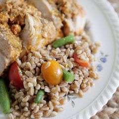 Chicken Breasts Stuffed with Herbed Goat Cheese and Piccolo Farroto with Tomatoes and Romano Bean Salad A picture of Chicken Breasts Stuffed with Herbed Goat Cheese and Piccolo Farroto with Tomatoes and Romano Bean Salad.