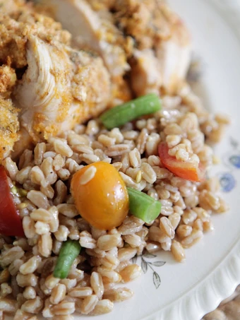 Easy Steps to Prepare Recipes Chicken Breasts Stuffed with Herbed Goat Cheese and Piccolo Farroto with Tomatoes and Romano Bean Salad the Awesome  Delicious.