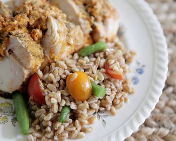 Easy Serving Recipe Chicken Breasts Stuffed with Herbed Goat Cheese and Piccolo Farroto with Tomatoes and Romano Bean Salad Delicious and Healthy