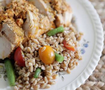 Fast Cooking Methods Chicken Breasts Stuffed with Herbed Goat Cheese and Piccolo Farroto with Tomatoes and Romano Bean Salad Yummy