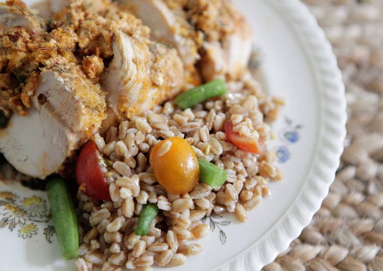 Steps to Make Homemade Chicken Breasts Stuffed with Herbed Goat Cheese and Piccolo Farroto with Tomatoes and Romano Bean Salad