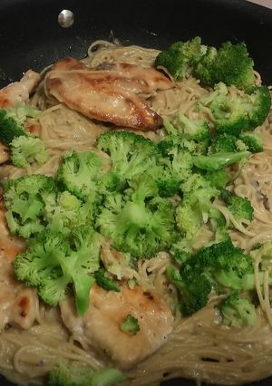 A picture of Cream of mushroom chicken pasta.