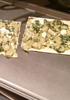 A picture of Cheating Spinach Artichoke Flatbread.