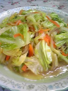 A picture of Cabbage and Bean Sprouts Stir Fried in Miso Butter.