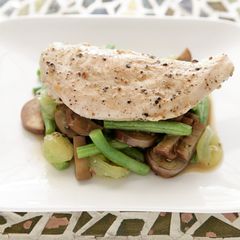 Pan Seared Chicken with Green Bean, Japanese Eggplant, and Muscadine Sauté A picture of Pan Seared Chicken with Green Bean, Japanese Eggplant, and Muscadine Sauté.