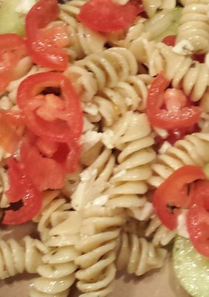 A picture of Greek pasta salad.