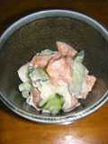 Daikon Radish and Salmon with Wasabi, Mayonnaise, and Soy Sauce Dressing