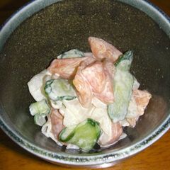 A picture of Daikon Radish and Salmon with Wasabi, Mayonnaise, and Soy Sauce Dressing.