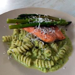 A picture of Fresh Asparagus And Pesto Sauce For Pasta.