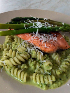 A picture of Fresh Asparagus And Pesto Sauce For Pasta.