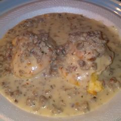 A picture of Nikki's Pork sausage biscuits and gravy.