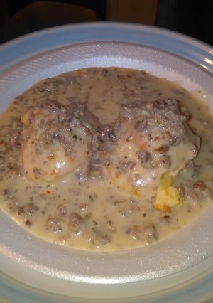 A picture of Nikki's Pork sausage biscuits and gravy.