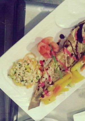 A picture of Grilled fish,irish potatoes chips.