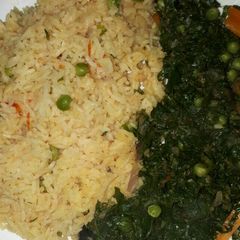 A picture of Vegetable rice served with spinach and peas.