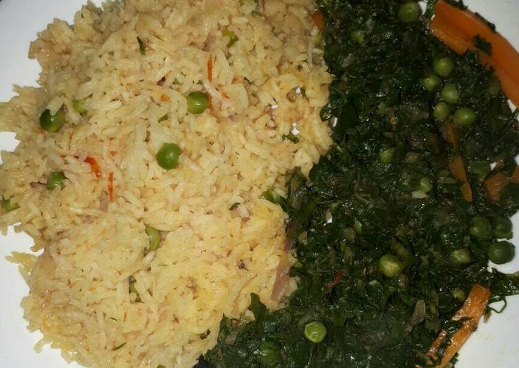 Vegetable rice served with spinach and peas