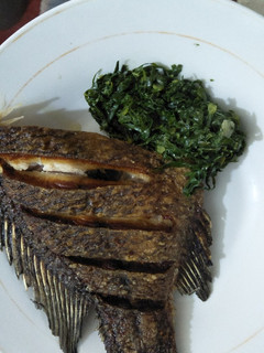 A picture of Greens with fish.