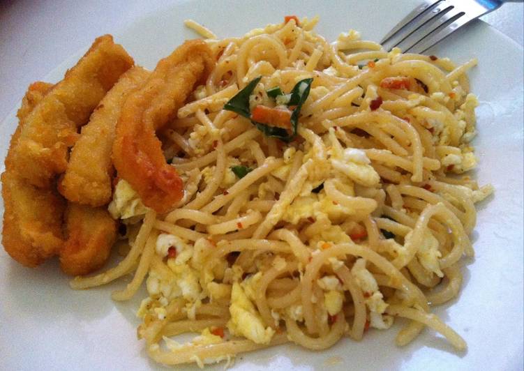 Resep Spaghetti Hotty Aglio Olio with Chicken Stick 🍝 yang Bikin Ngiler