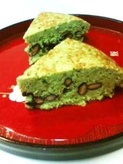 A picture of Black Soybean Matcha Tea Okara Cake Easily Made With Pancake Mix In a Rice Cooker.