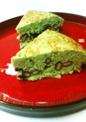 A picture of Black Soybean Matcha Tea Okara Cake Easily Made With Pancake Mix In a Rice Cooker.