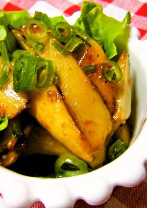A picture of King Oyster Mushroom Sautéed in Butter Ponzu Sauce.