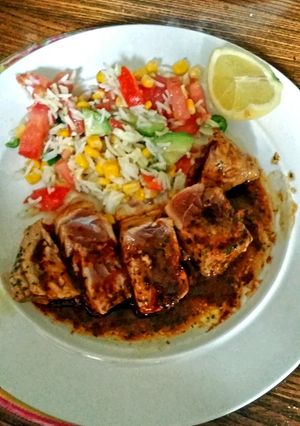A picture of marinated citrus fruity tuna steak.