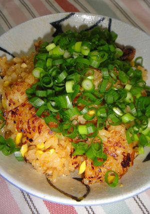 A picture of Bibimbap-style Crispy Rice with Leftover Bean Sprout Rice.
