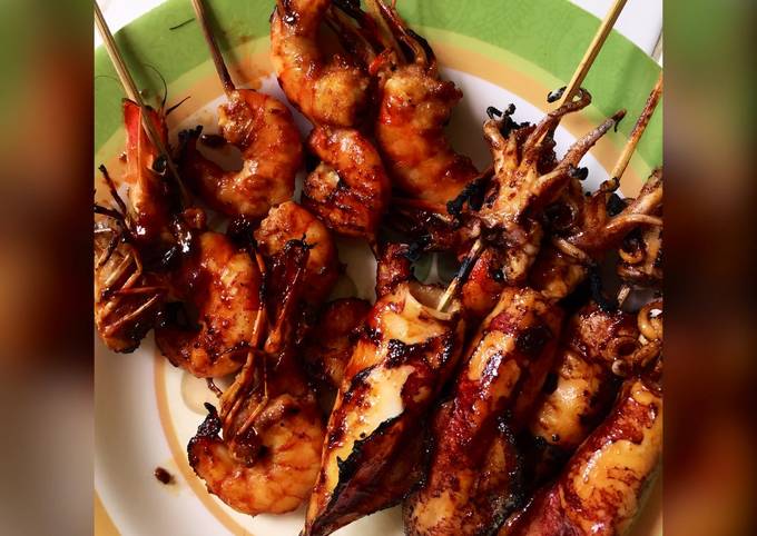 Cara Membuat Sate Udang+cumi bakar bumbu kecap bawang Wajib Dicoba