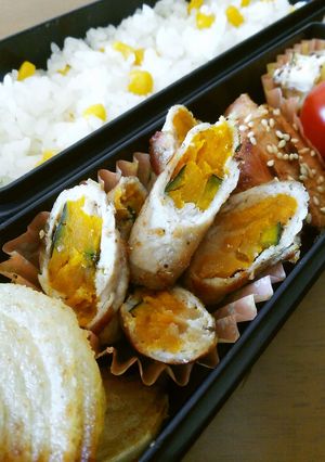 A picture of Kabocha Squash and Pork Roll Bento.