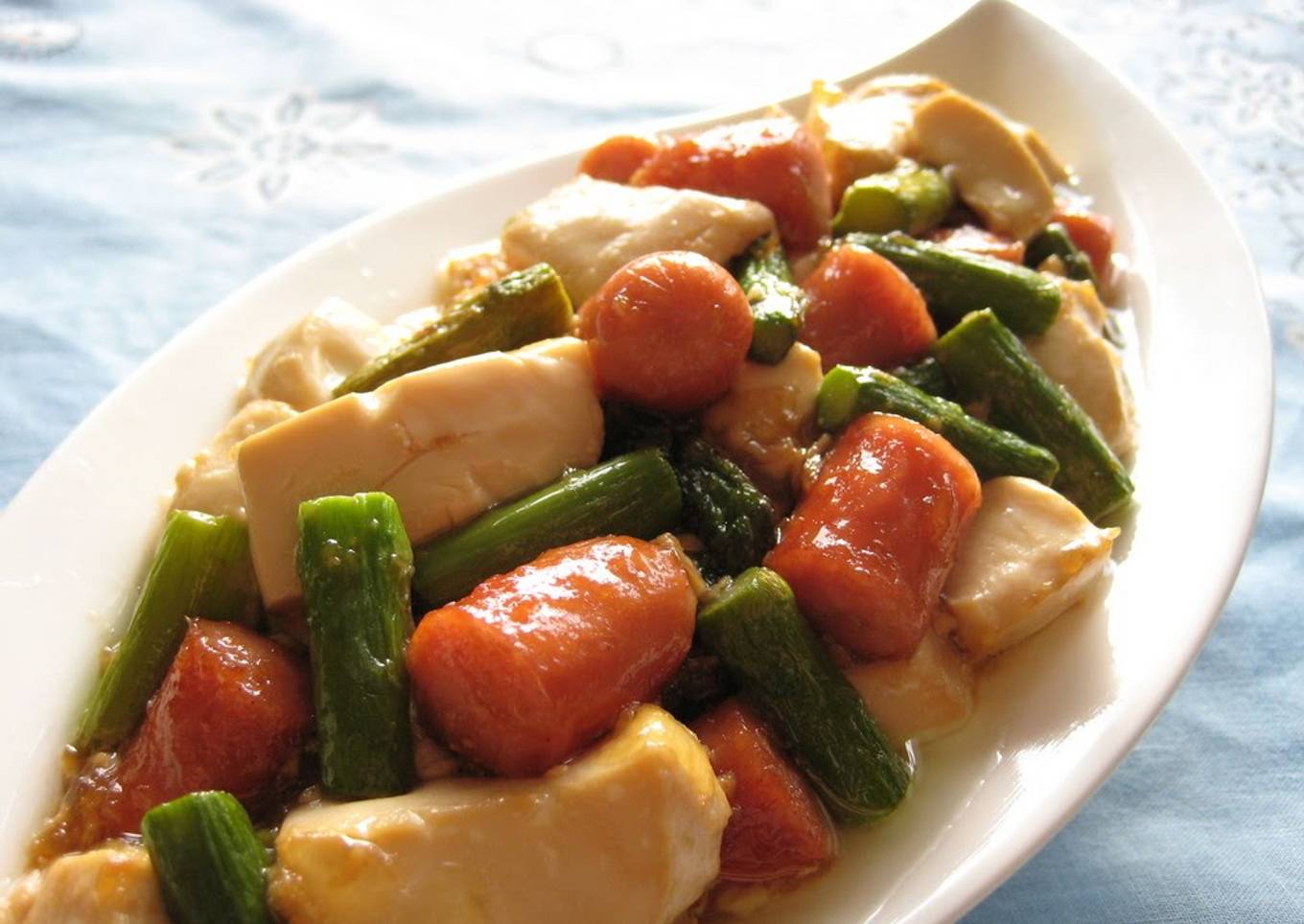 Stir Fried Asparagus, Wiener Sausages and Tofu