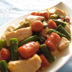 A picture of Stir Fried Asparagus, Wiener Sausages and Tofu.