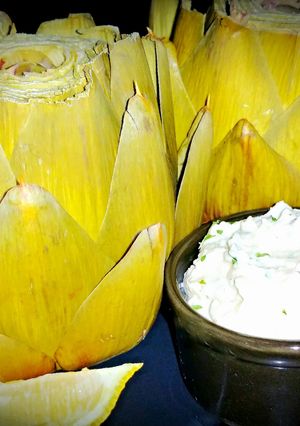 A picture of Mike's Steamed Artichokes & Parmesan Aioli.