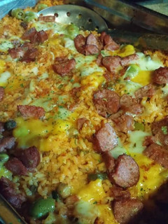 A picture of Baked Puerto Rican Rice with Smoked Sausage.