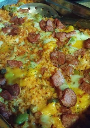 A picture of Baked Puerto Rican Rice with Smoked Sausage.