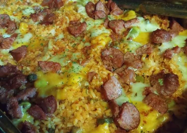 Baked Puerto Rican Rice with Smoked Sausage