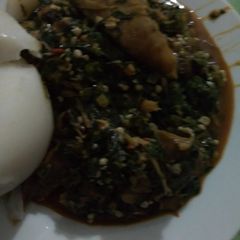 A picture of Okora soup and dry fish with Agidi.