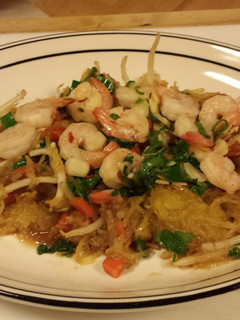 A picture of Shrimp Pad Thai on Spaghetti Squash.