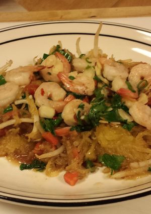 A picture of Shrimp Pad Thai on Spaghetti Squash.