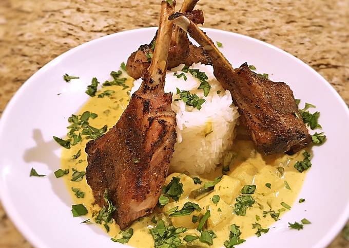 Potato in yellow curry sauce with grilled lamp chops