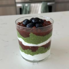 A picture of Matcha Soy Milk Chia Pudding with Red Bean.