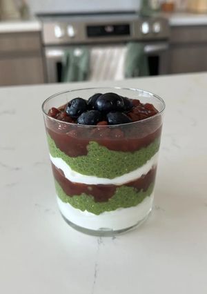 A picture of Matcha Soy Milk Chia Pudding with Red Bean.